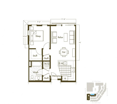 Floor plan for 1 bed, 1 bath, 621 sqft
